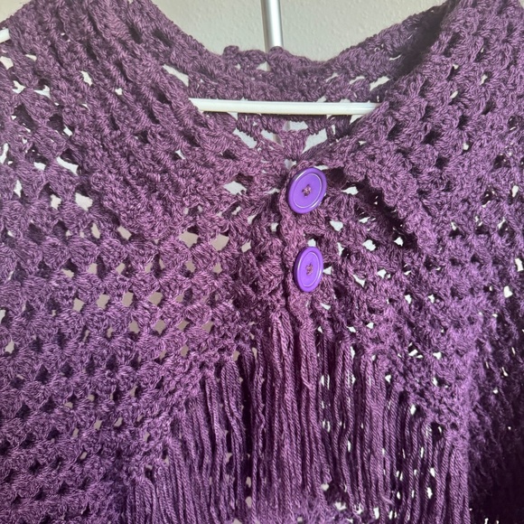 Handmade Crochet Purple Poncho with Tassels Buttons - Picture 5 of 7